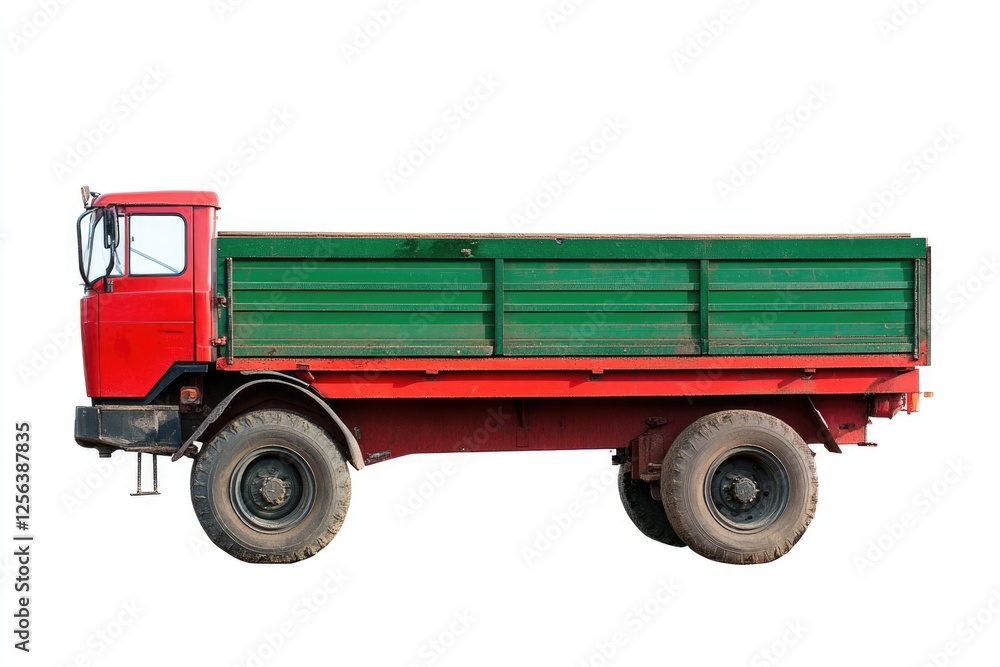 Bright Red Agricultural Farm Trailer for Transporting Equipment, Isolated on a Green Background Bright Red Agricultural Farm Trailer for Transporting Equipment, Isolated on a Green Background