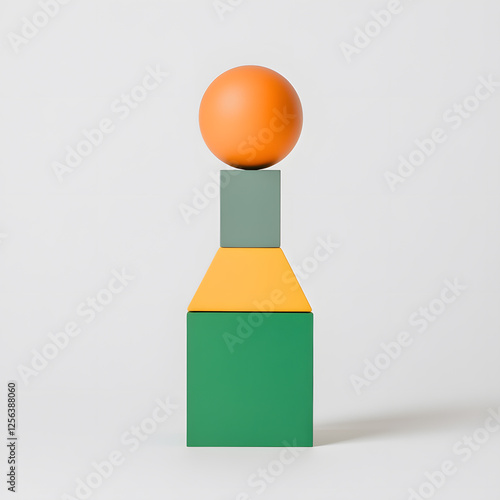 Geometric Shapes Sculpture: A vibrant stack of green, yellow, gray, and orange geometric shapes create a visually appealing and abstract composition. photo