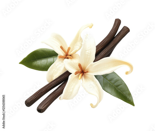  Vanilla flower and dry vanilla pods isolated on transparent background.