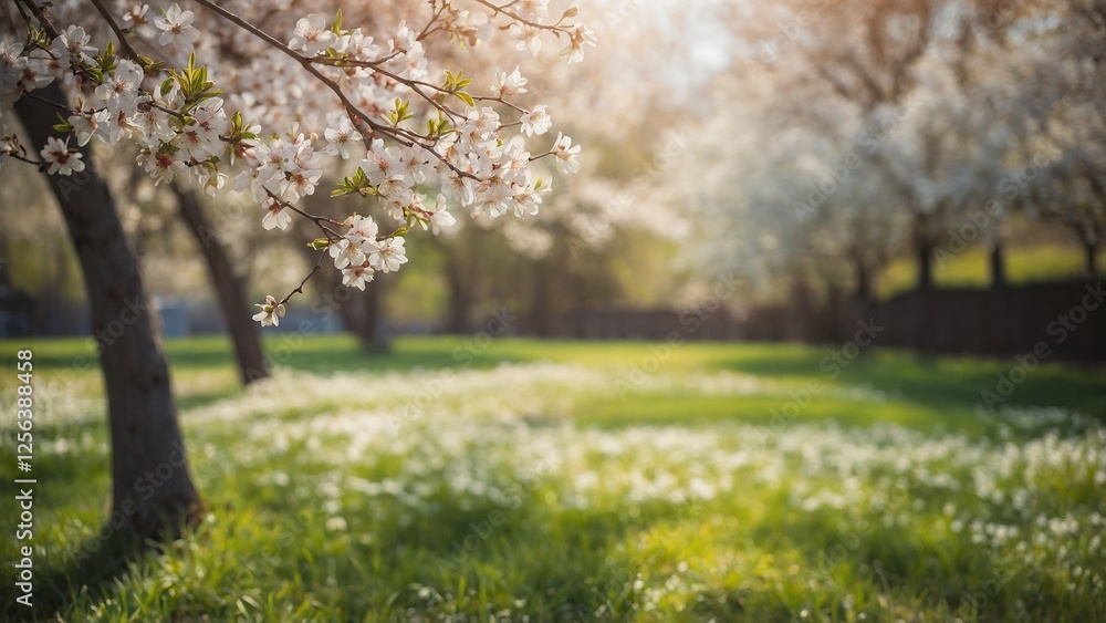 Naklejka premium Blooming cherry tree branches with blurred orchard landscape background