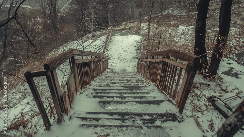 Winter's Grip: Snow-Covered Broken Stairs in the Heart of Kiev's Mountainous Nature Winter's Grip: Snow-Covered Broken Stairs in the Heart of Kiev's Mountainous Nature