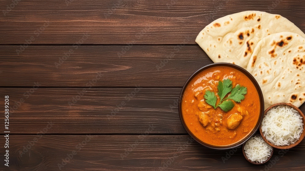 Flavorful Chicken Curry with Fresh Herbs and Flatbread on Wooden Table Flavorful Chicken Curry with Fresh Herbs and Flatbread on Wooden Table
