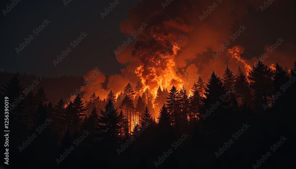 Huge flames rise from a forest fire, creating an intense glow against the night sky. Smoke billows through the trees as the fire spreads rapidly in the wooded area Huge flames rise from a forest fire, creating an intense glow against the night sky. Smoke billows through the trees as the fire spreads rapidly in the wooded area
