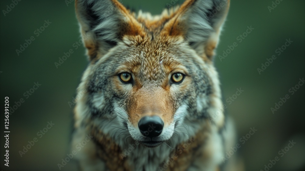 Fototapeta premium Closeup of a coyote's face with detailed fur and whiskers set against a green background