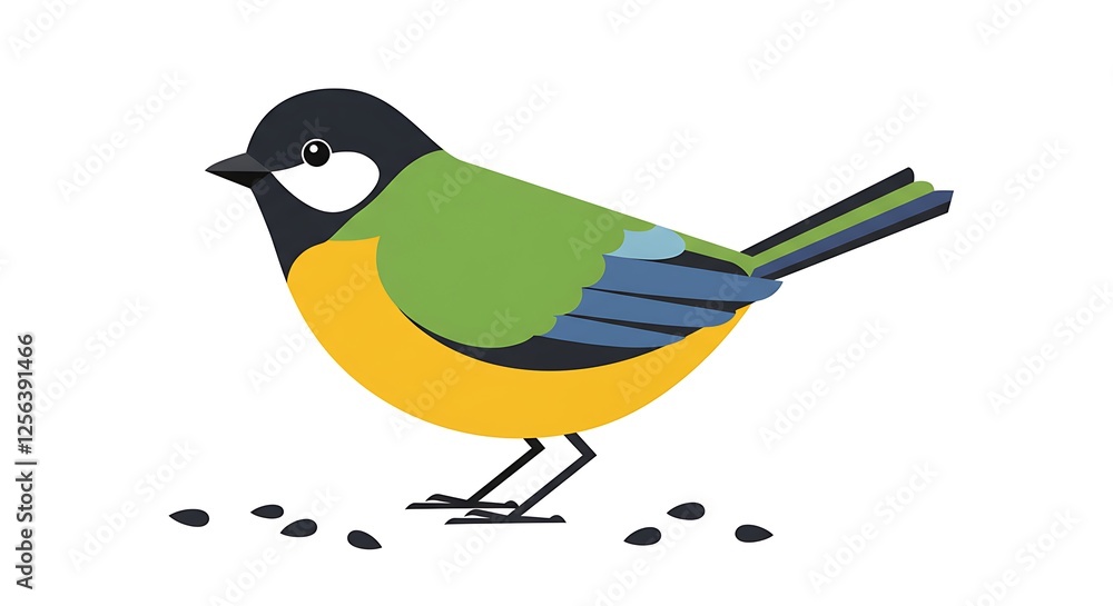 Obraz premium Great tit bird cute cartoon flat color vector icon