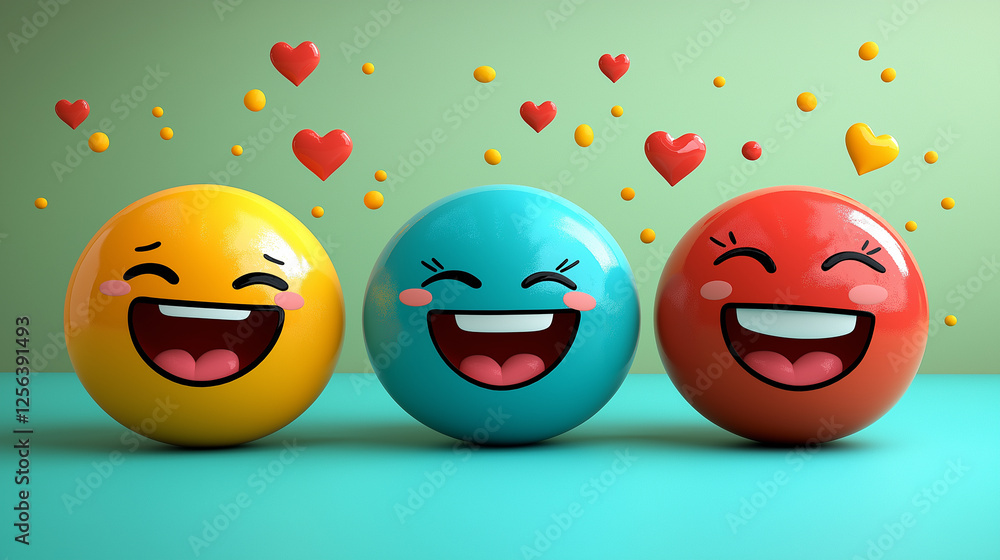 Three glossy happy face emojis in different colors laughing together against vibrant background symbolizing friendship, fun, joy, emotions, social interaction, and positive energy Three glossy happy face emojis in different colors laughing together against vibrant background symbolizing friendship, fun, joy, emotions, social interaction, and positive energy