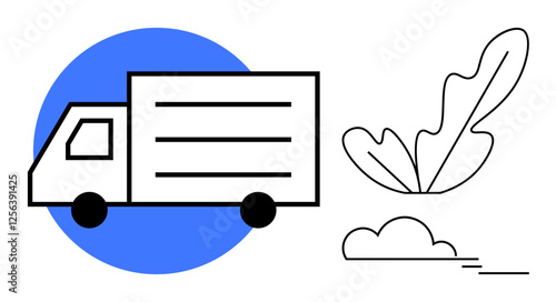 Delivery truck in black and white with blue circle, accompanied by simplistic leaf and cloud designs. Ideal for logistics, transportation, sustainability, eco-friendly concepts, delivery services