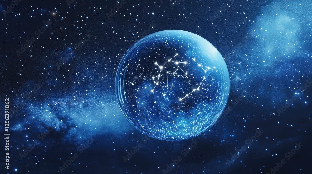 Celestial Gemini Symbol: Ethereal Representation of Zodiac Constellation Within a Glass Sphere Against a Starry Night Sky Celestial Gemini Symbol: Ethereal Representation of Zodiac Constellation Within a Glass Sphere Against a Starry Night Sky