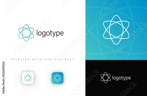 Minimalist atom logo, symbolizing scientific research, innovation, and technology. Perfect for laboratories, AI, biotech, education, quantum computing, and energy industries. Vector logo concept