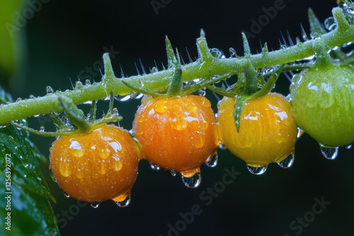 Juicy and Spritzed Cherry Tomatoes: A Closeup of Freshness with Glistening Droplets photo