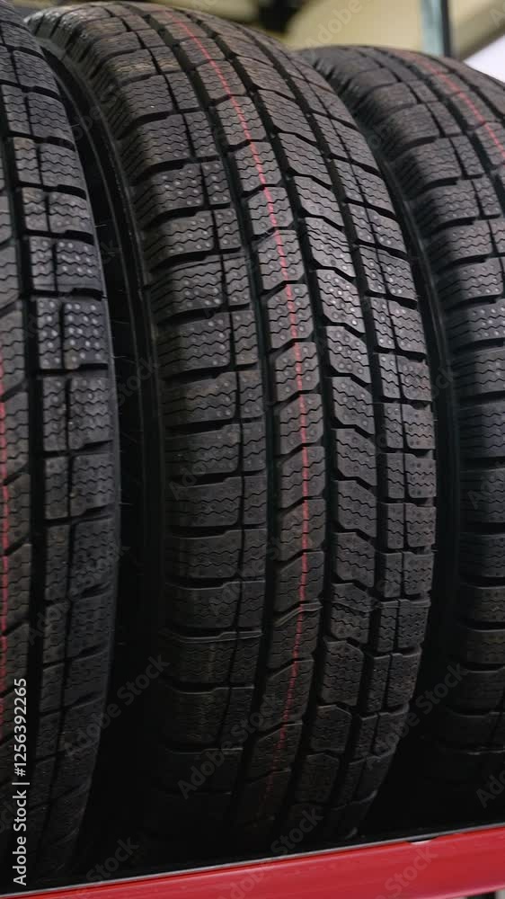 Winter tires with deep tread pattern displayed on store rack Winter tires with deep tread pattern displayed on store rack
