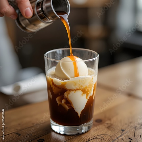 A glass of affogato with a scoop of vanilla gelato and a shot of hot espresso being poured over it. Generative AI