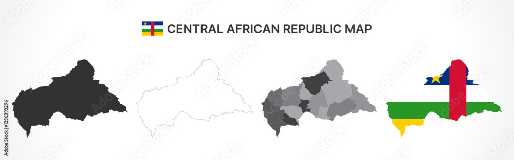 Fototapeta premium Detailed Central African Republic Map Collection with Outline, Silhouette, Prefectures, and Flag Overlay Variations