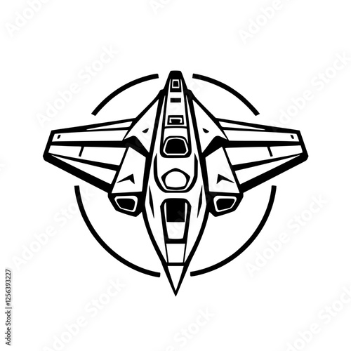 Foto Starfighter: A black-and-white illustration of a spacecraft with a circular backdrop