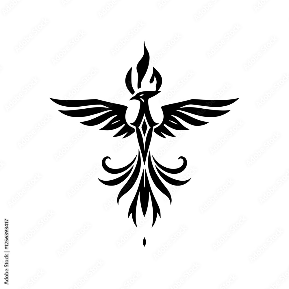 Fototapeta premium Black Phoenix Rising from Ashes. A bold, black and white silhouette of a phoenix with spread wings and flames.