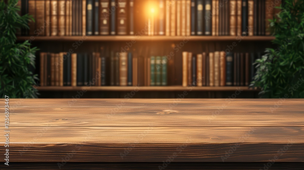 Wooden Table in Front of a Classic Library with Books and Green Plants Wooden Table in Front of a Classic Library with Books and Green Plants