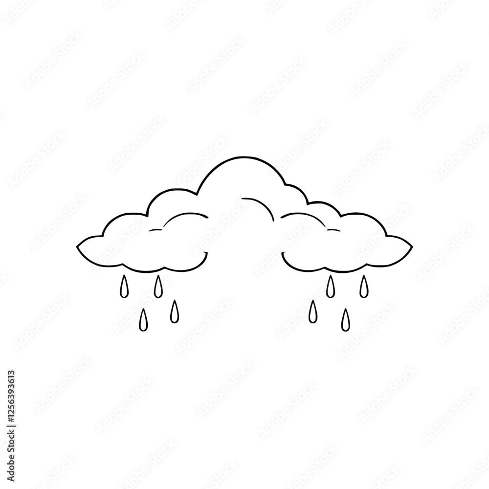 Cloudy cloud with rainfall, black and white minimalist illustration, isolated on white background. Cloudy cloud with rainfall, black and white minimalist illustration, isolated on white background.