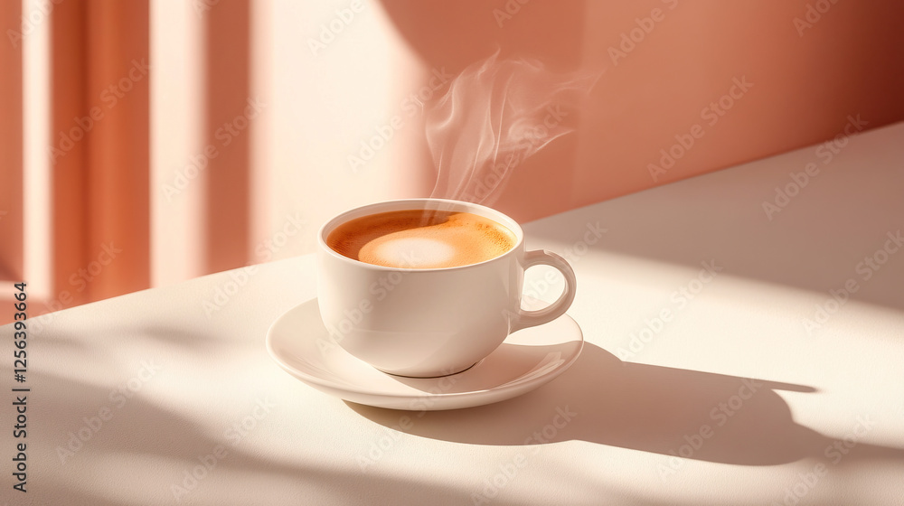 Obraz premium Steaming cup of coffee on a white saucer, placed on a light beige table