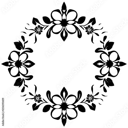 Floral geometric design in black and white, a circular symmetrical decorative frame composed of floral shapes.