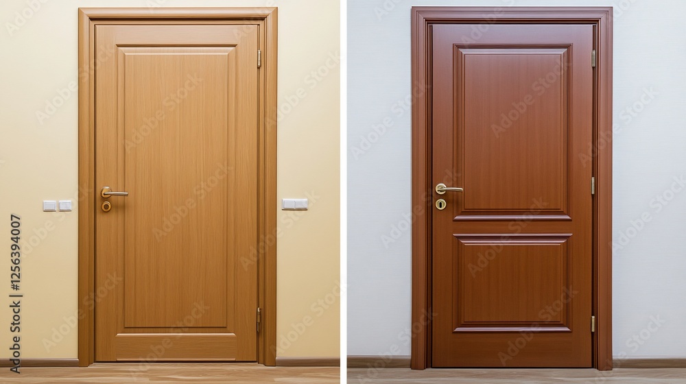 Fototapeta premium Interior Comparison of Light & Dark Wood Doors