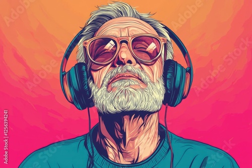 Wallpaper Mural Timeless Groove: Energetic Grandpa Enjoys Music with Headphones, Living Life to the Fullest Torontodigital.ca