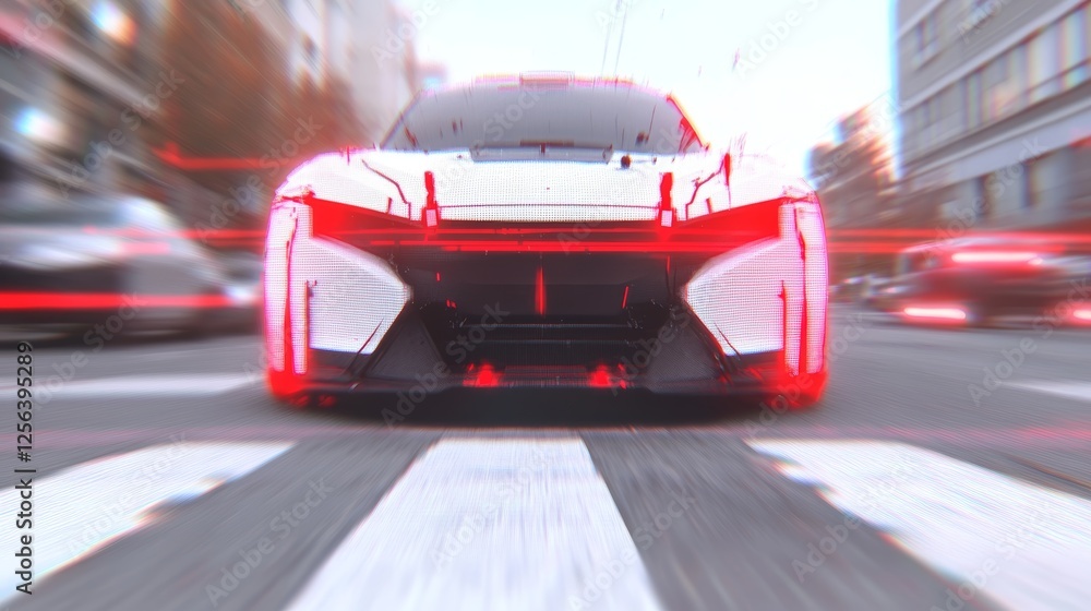 Naklejka premium Futuristic sports car speeding through city streets. Sleek design, vibrant red accents. Dynamic motion blur.