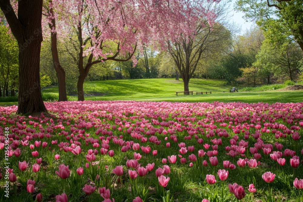 Beautiful flowering trees create a vibrant carpet of pink petals in a serene park setting Beautiful flowering trees create a vibrant carpet of pink petals in a serene park setting