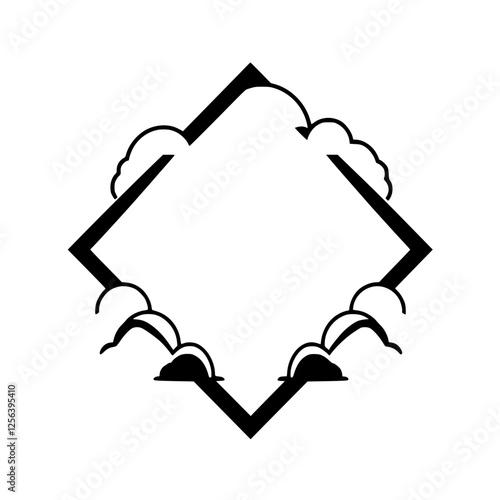 Geometric Frame with Cloudy Adornment: Black diamond-shaped frame with rounded clouds, on white background, minimalistic and modern.