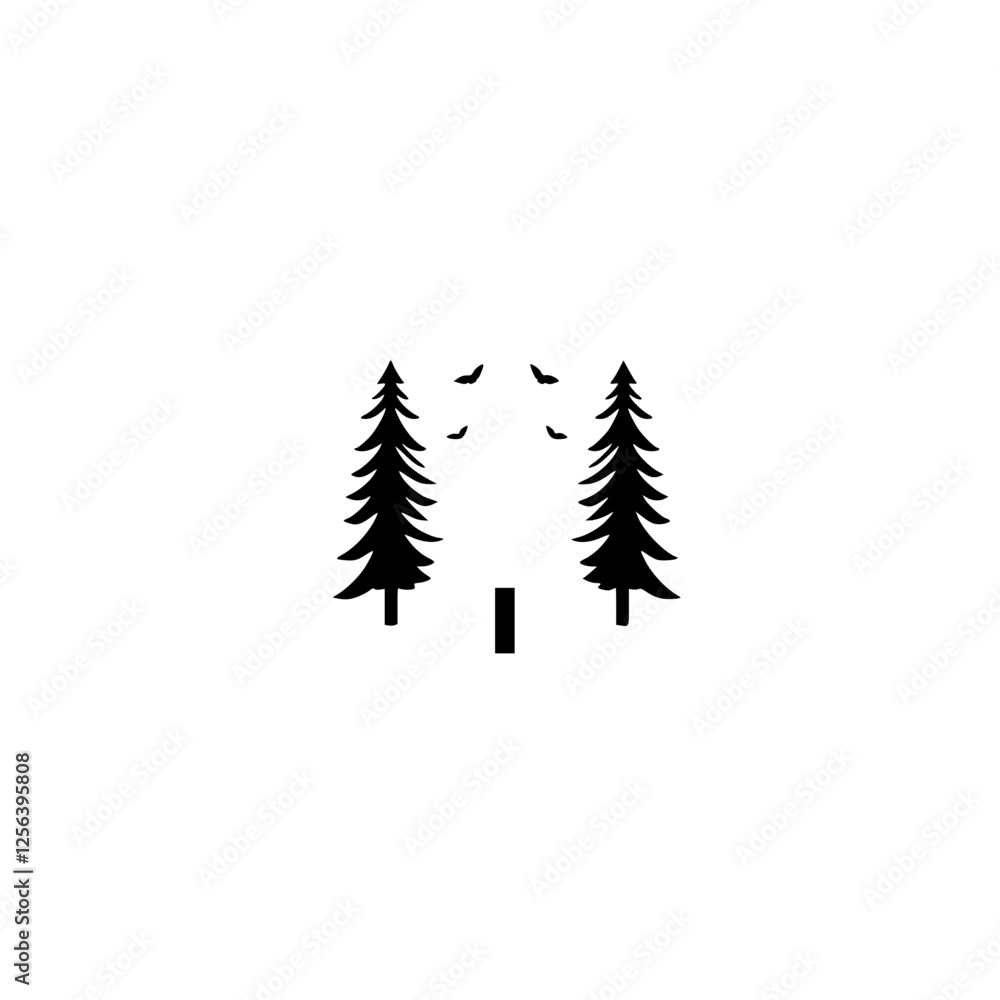 Obraz premium Minimalist landscape of two silhouetted fir trees against a white background with birds.