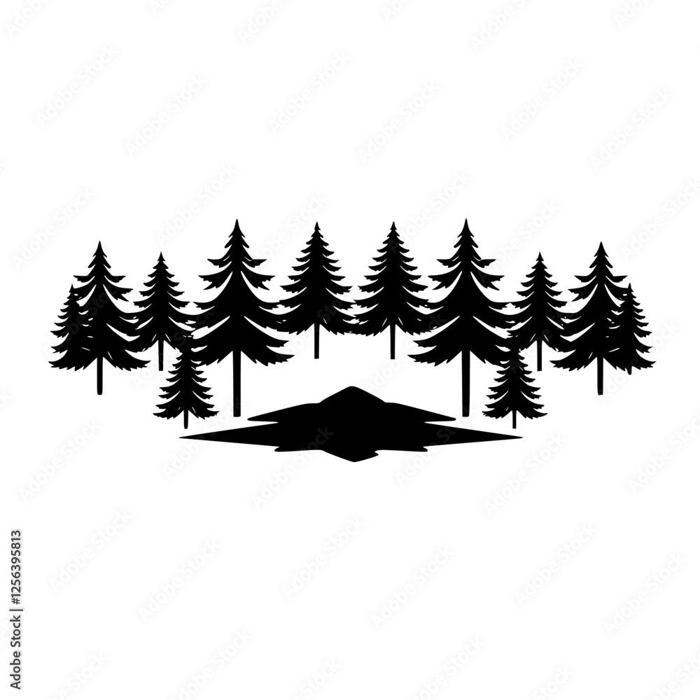 Obraz premium Silhouette of a Forest & Flying Saucer; Black & White Minimalist Illustration. Mysterious encounter.