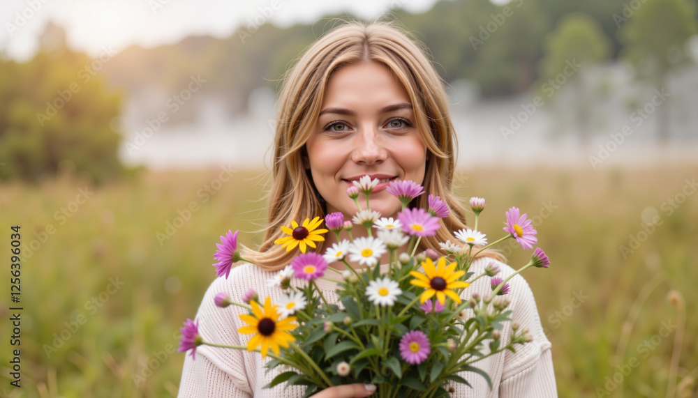 Girl smiling with bouquet of wildflowers in forest clearing, joyfulness Girl smiling with bouquet of wildflowers in forest clearing, joyfulness