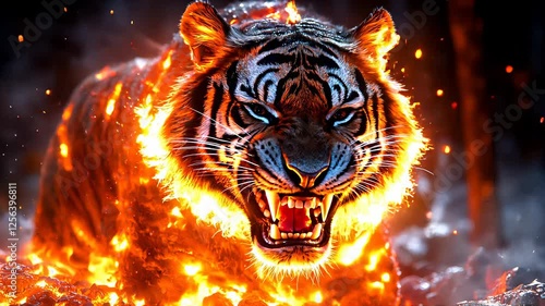 A fiery tiger moves through a blazing forest, with glowing eyes and fur. Sparks and smoke create an epic atmosphere