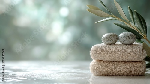 Serene spa setting featuring stacked towels and smooth stones, with a blurred natural background