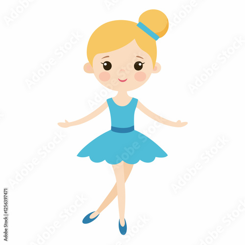 Cartoon ballerina with  blonde hair and a blue tutu.  Doll for Kids. Isolated on white background. Front view. Vector illustration. 