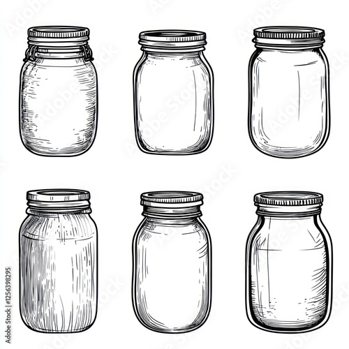 Six Empty Glass Jars With Lids Drawn In Black And White photo