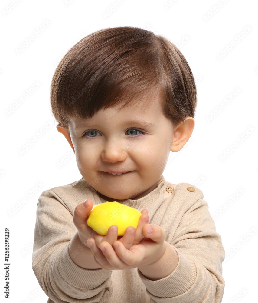 Cute little child with tasty mochi on white background Cute little child with tasty mochi on white background