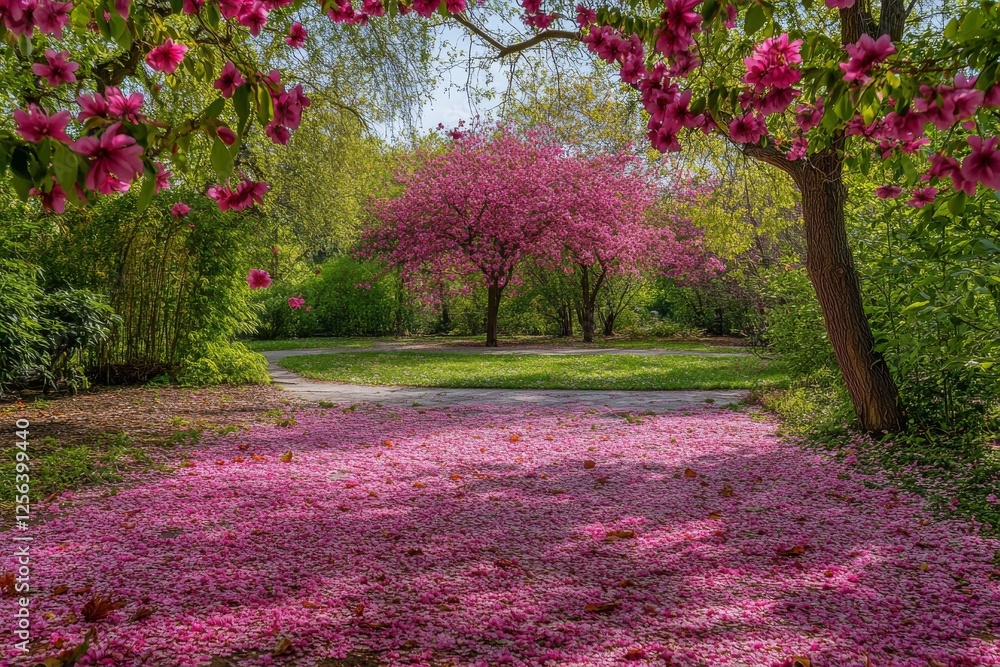Naklejka premium Beautiful flowering trees create a vibrant carpet of pink petals in a serene park setting