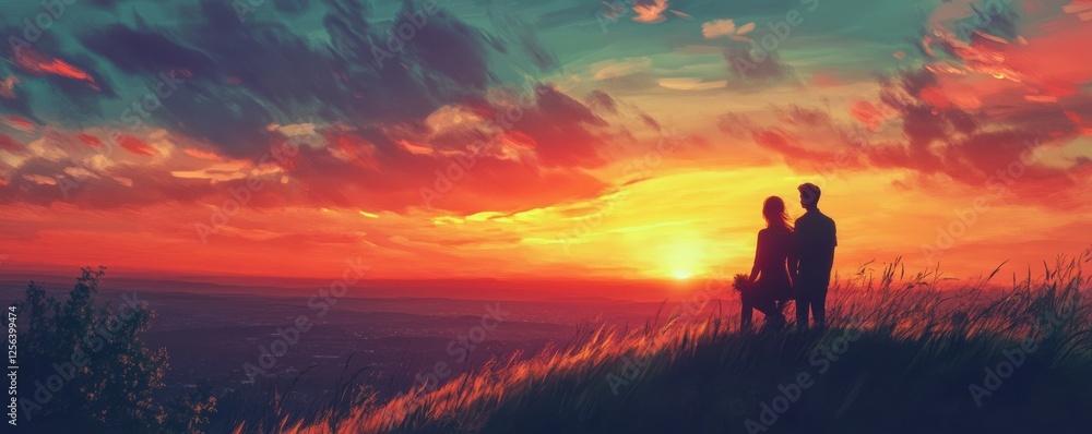 Fototapeta premium Silhouetted couple watching vibrant sunset over scenic hilltop landscape