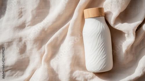 Wallpaper Mural White ceramic water bottle with a bamboo lid, placed on a linen cloth Torontodigital.ca