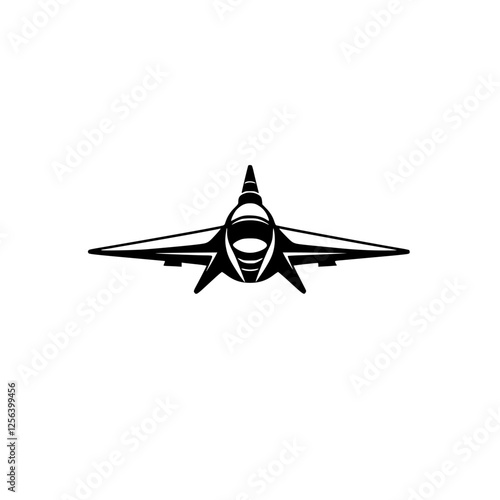 Silhouette of Jet-fighter against a white background, capturing the frontal view of a stark black jet fighter against a clean white backdrop.