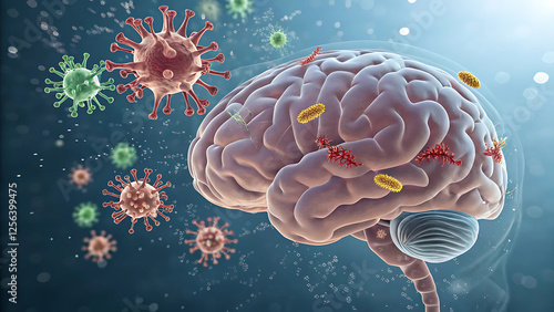 Prions do not contain genetic materials, Unlike other infectious agents, such as bacteria, viruses, and fungi. prions protein molecules scattered on the human brain 3d rendering
