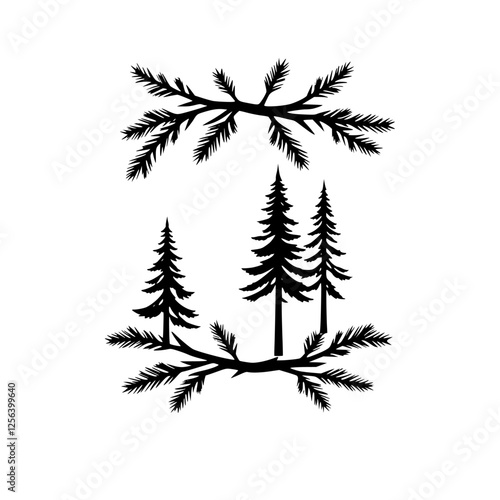 Stylized illustration featuring four pine trees and an upward and downward-facing fir branch, silhouetted in black against a white background.