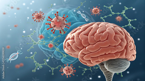 Prions do not contain genetic materials, Unlike other infectious agents, such as bacteria, viruses, and fungi. prions protein molecules scattered on the human brain 3d rendering
 photo