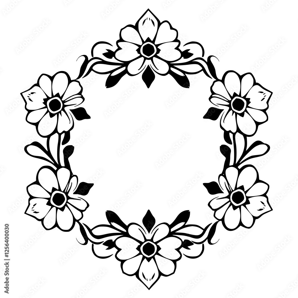 Elegant floral circle frame with stylized flowers in bold black and white silhouette. Elegant floral circle frame with stylized flowers in bold black and white silhouette.