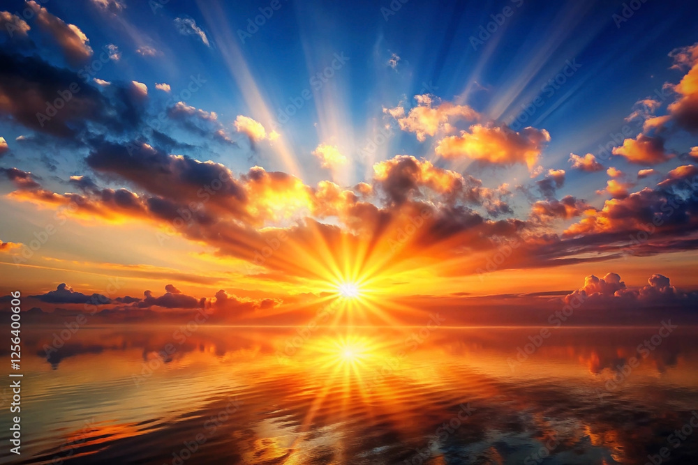 Vibrant sunrise over calm ocean, sun rays, cloudscape, peaceful morning, travel, nature Vibrant sunrise over calm ocean, sun rays, cloudscape, peaceful morning, travel, nature