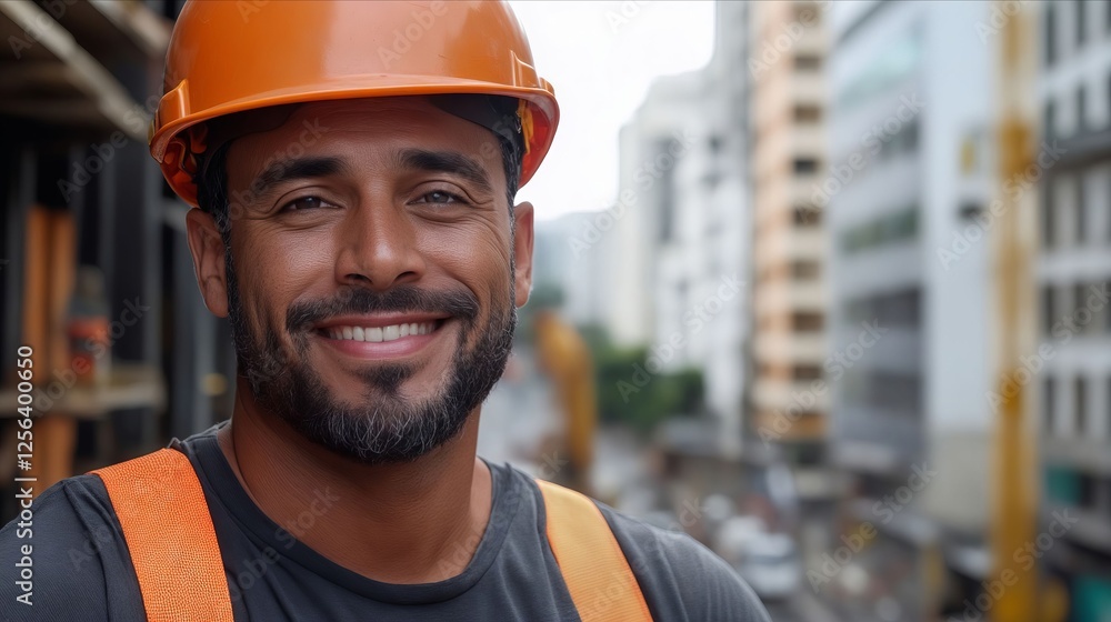 A man wearing an orange hard hat smiles at the camera A man wearing an orange hard hat smiles at the camera