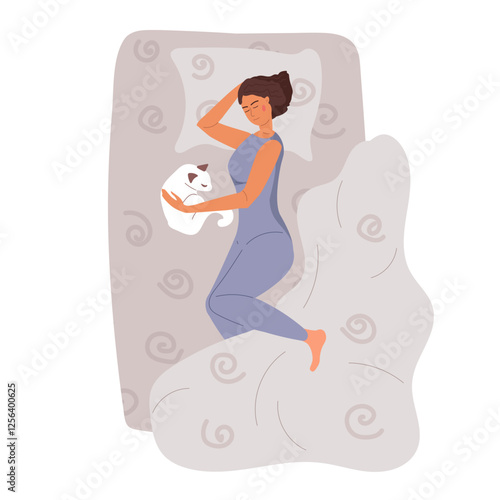 Girl sleeping with cat. Girl with pajamas sleeping in her bed, sweet dreams. Time for yourself, healthcare, rest. Comfort and coziness in apartment or room. Cartoon Vector illustration in Flat style