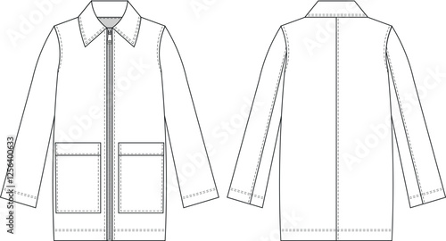 with pockets collared zippered long sleeve short balmacan jacket coat outerwear  template technical drawing flat sketch cad mockup fashion woman design style model 
