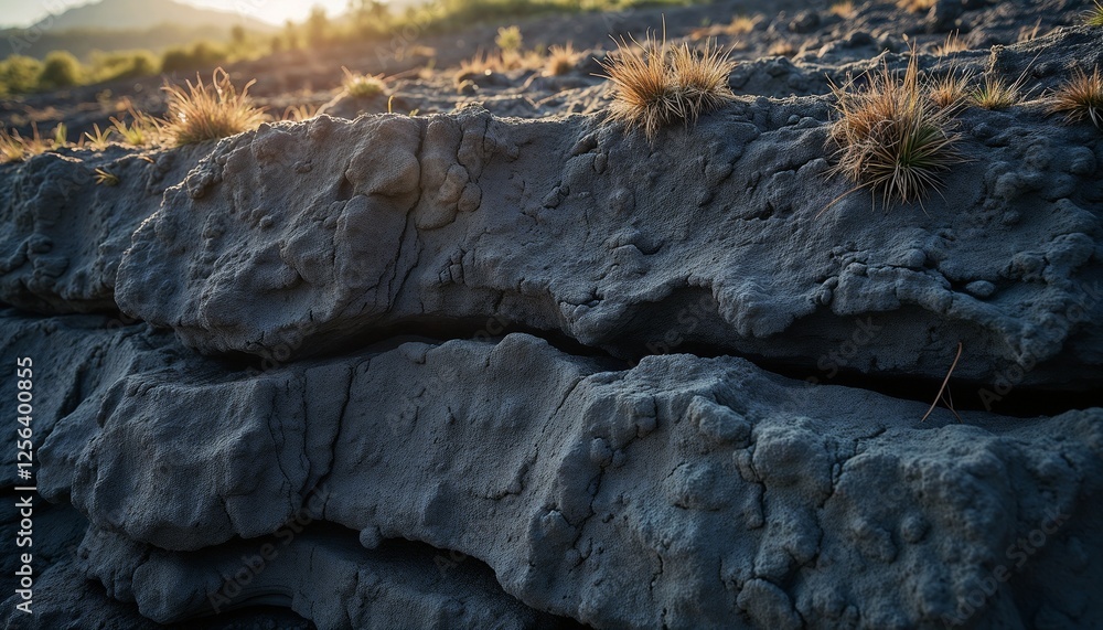 Close-up of textured coal layers with grass growing in a strip mining landscape at sunset Close-up of textured coal layers with grass growing in a strip mining landscape at sunset