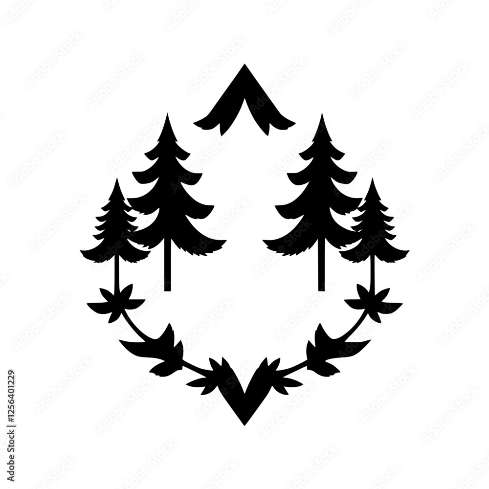 Obraz premium Black and white, minimalist stylized forest scene, with trees surrounding a central stylized mountain.